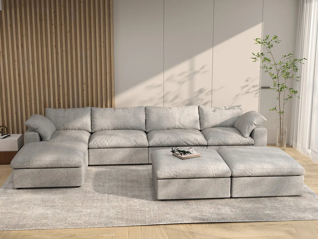 Deluxe Cloud 4-Seater Light Grey Large Space Sofa Set | 7-Piece (Includes 3 Ottomans), Cotton And Linen Fabric, Easy To Clean