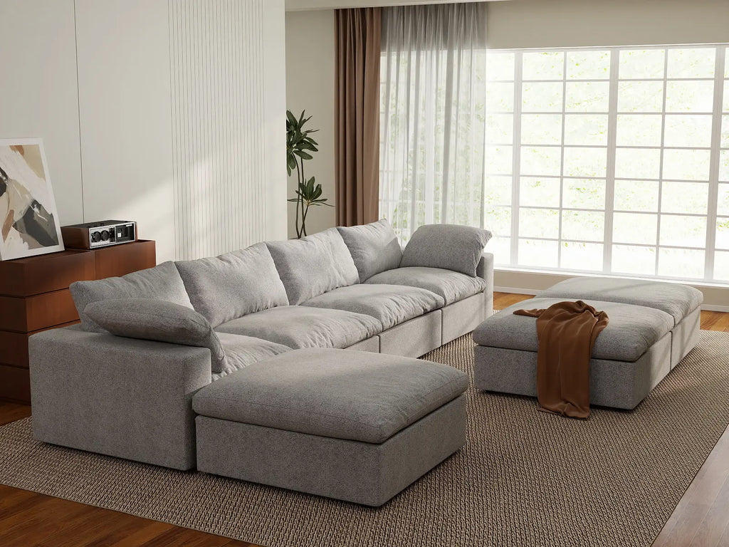 Deluxe Cloud 4-Seater Light Grey Large Space Sofa Set | 7-Piece (Includes 3 Ottomans), Cotton And Linen Fabric, Easy To Clean