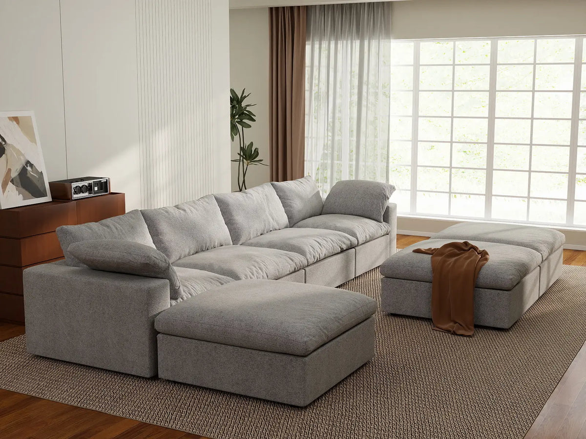 Deluxe Cloud 4-Seater Light Grey Large Space Sofa Set | 7-Piece (Includes 3 Ottomans), Cotton And Linen Fabric, Easy To Clean