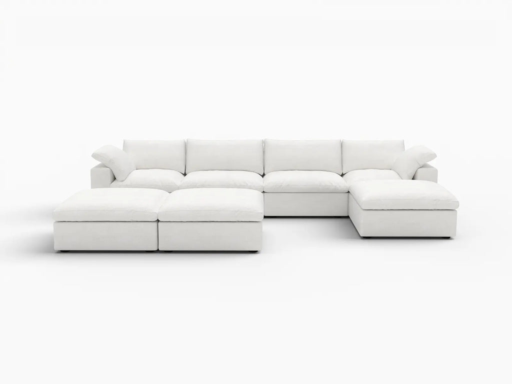 Deluxe Cloud 4-Seater White Sofa Set | 7-Piece (Includes 3 Ottomans), Cotton And Linen Fabric, Washable Cushion Covers