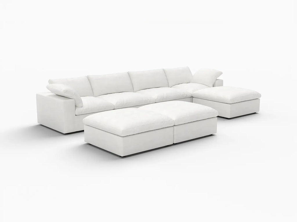 Deluxe Cloud 4-Seater White Sofa Set | 7-Piece (Includes 3 Ottomans), Cotton And Linen Fabric, Washable Cushion Covers