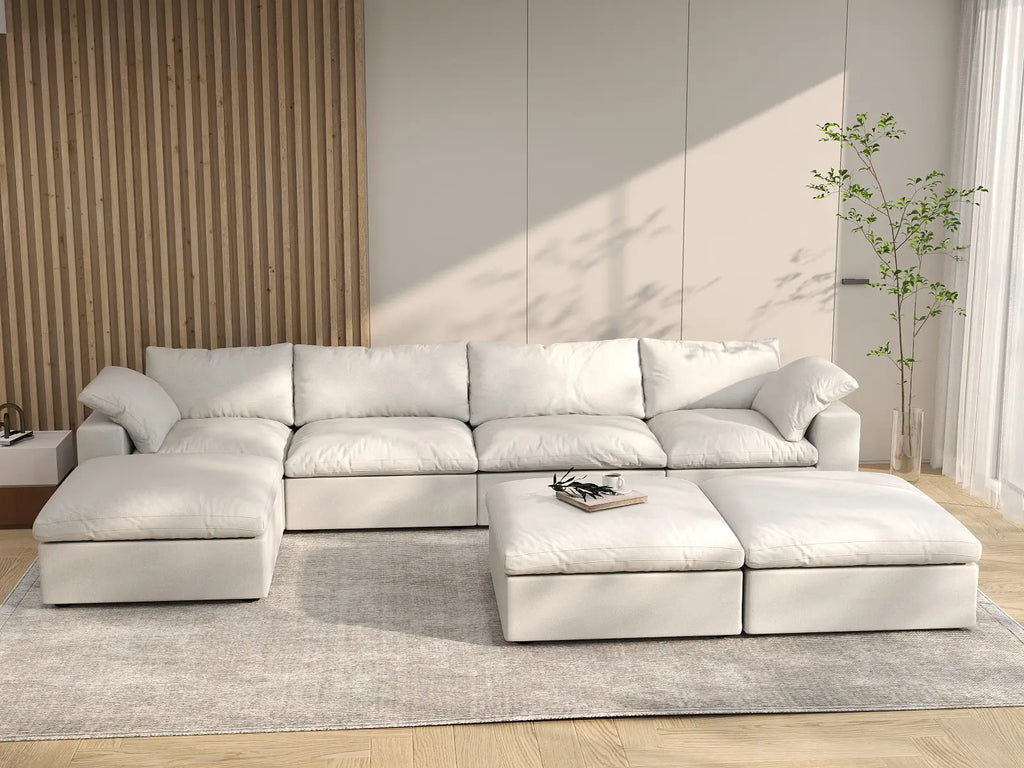 Deluxe Cloud 4-Seater White Sofa Set | 7-Piece (Includes 3 Ottomans), Cotton And Linen Fabric, Washable Cushion Covers