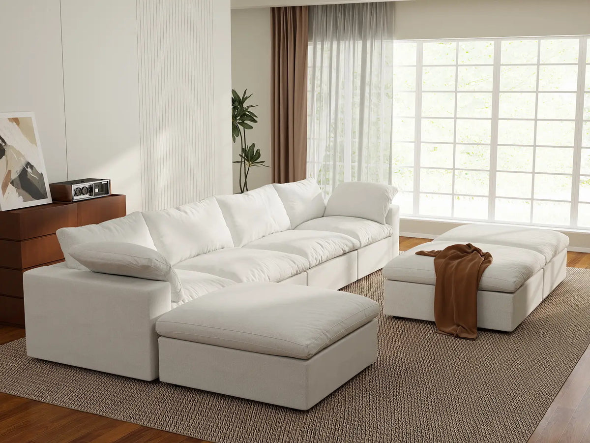 Deluxe Cloud 4-Seater White Sofa Set | 7-Piece (Includes 3 Ottomans), Cotton And Linen Fabric, Washable Cushion Covers