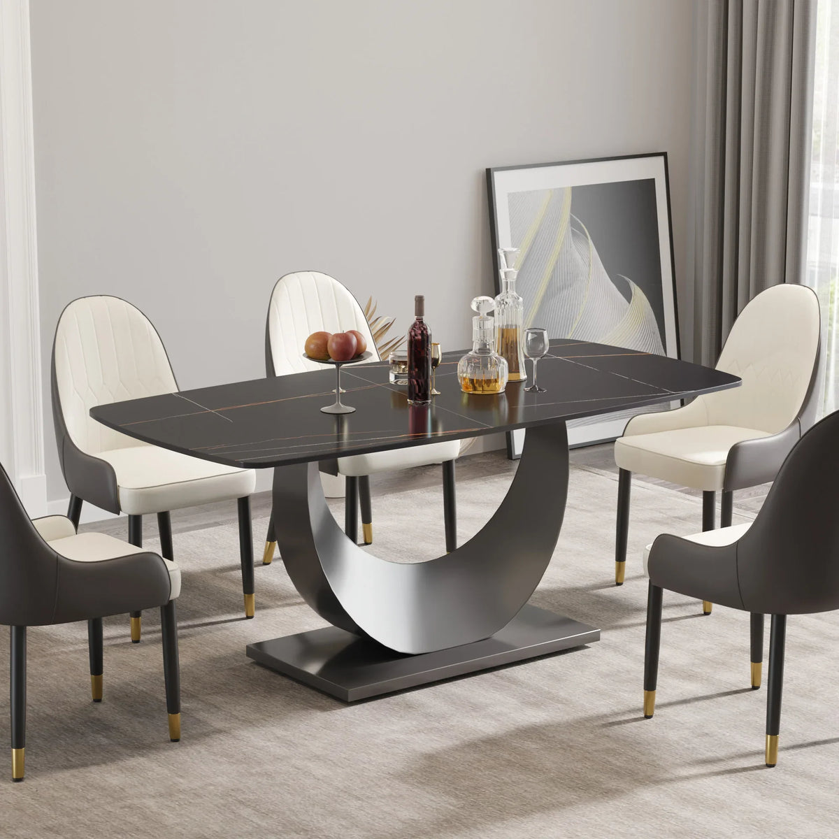 Marbella Sintered Stone Dining Table | 71" Matte Black Rectangular With Curved Edge
