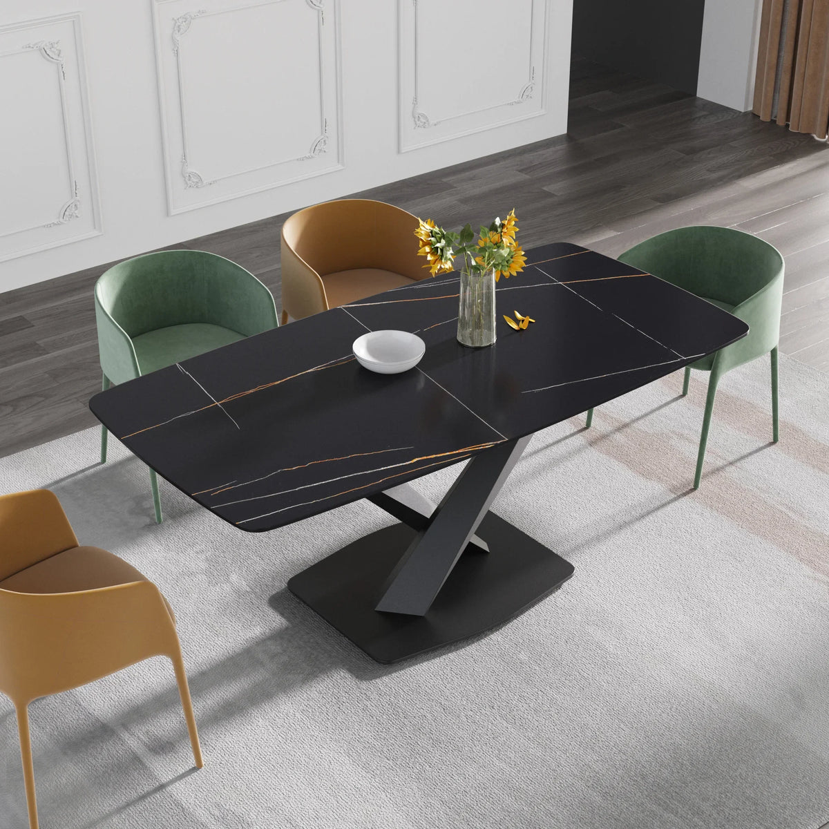 Marbella Sintered Stone Dining Table | 71" Matte Black Rectangular With Curved Edge