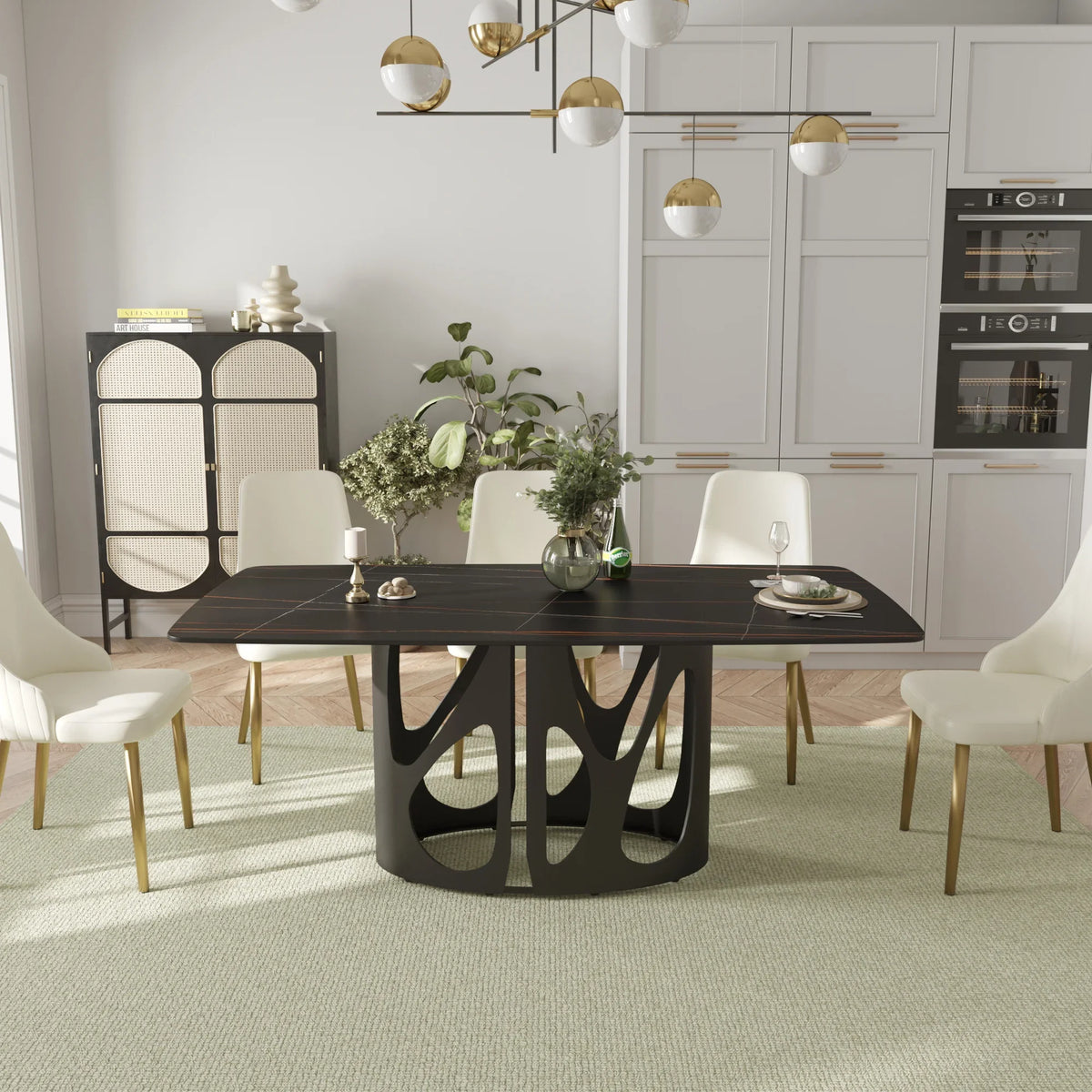 Marbella Sintered Stone Dining Table | 71" Matte Black Rectangular With Curved Edge