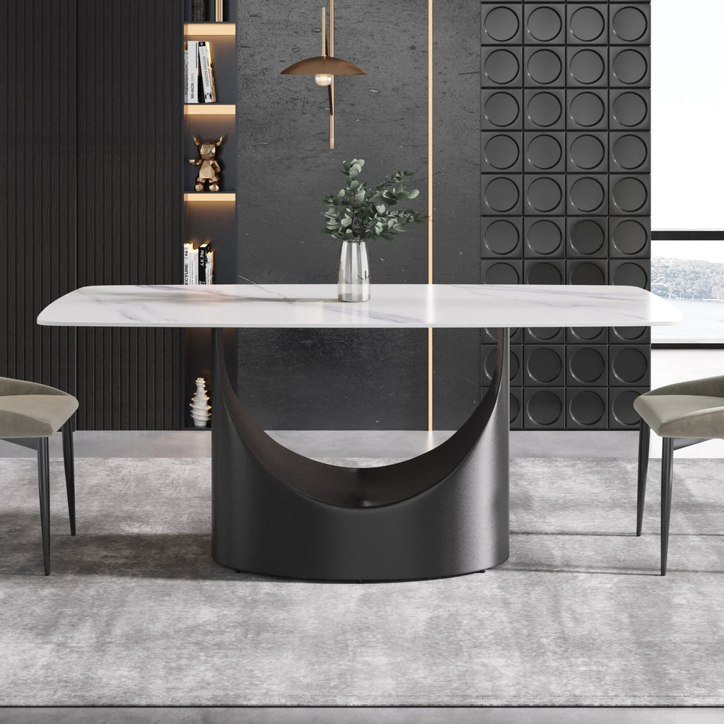 Marbella Sintered Stone Dining Table | 71" White Gloss Rectangular With Curved Edge