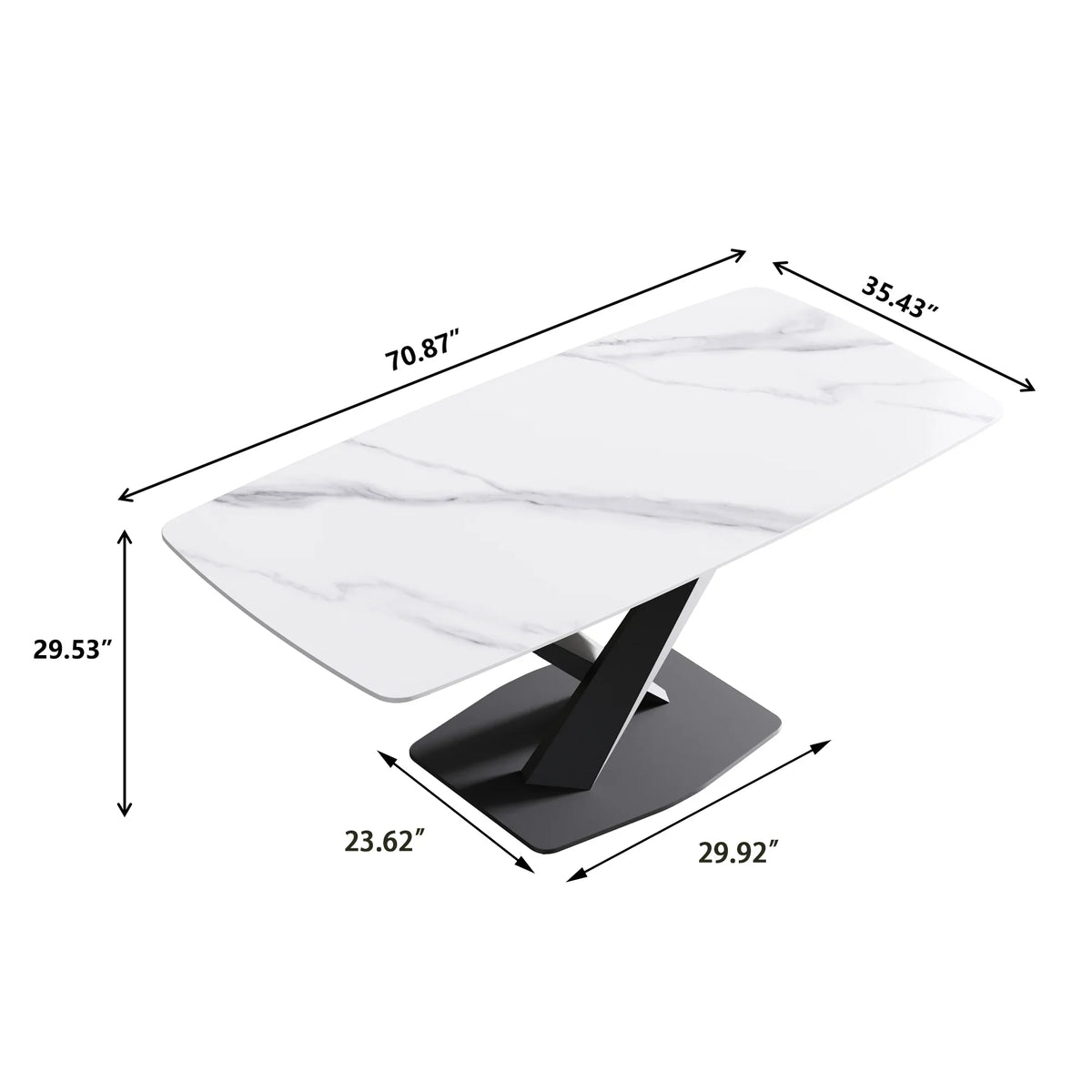Marbella Sintered Stone Dining Table | 71" White Gloss Rectangular With Curved Edge