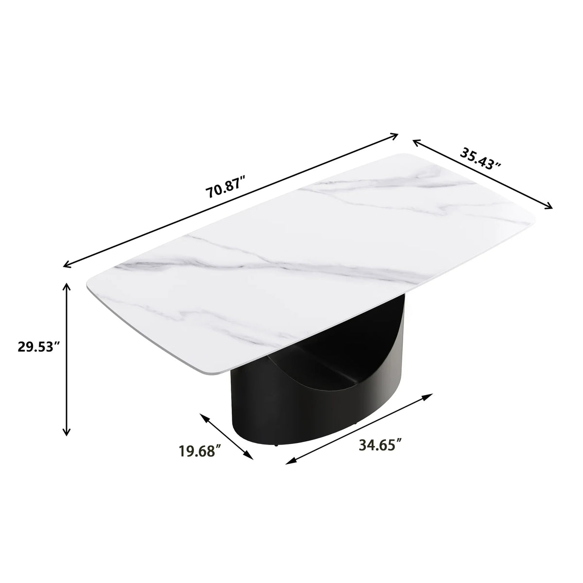 Marbella Sintered Stone Dining Table | 71" White Gloss Rectangular With Curved Edge