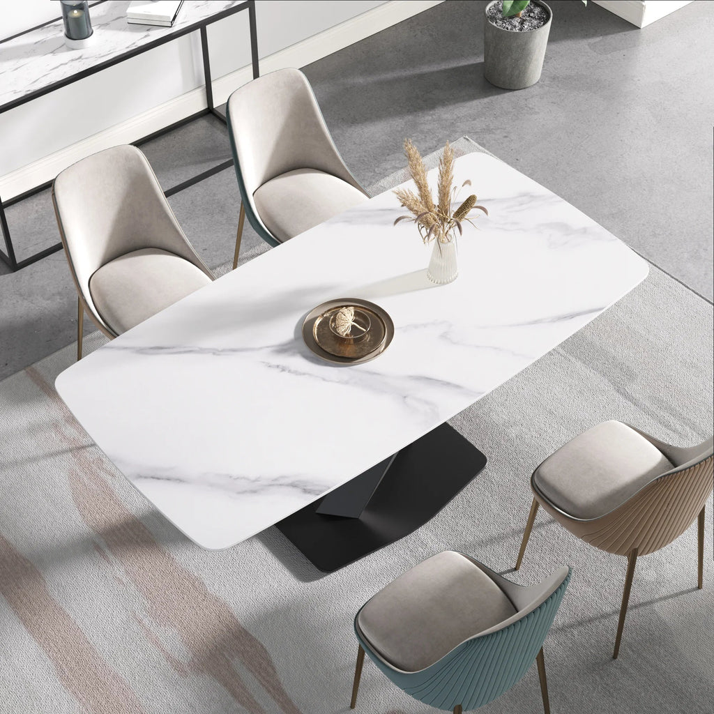 Marbella Sintered Stone Dining Table | 71" White Gloss Rectangular With Curved Edge