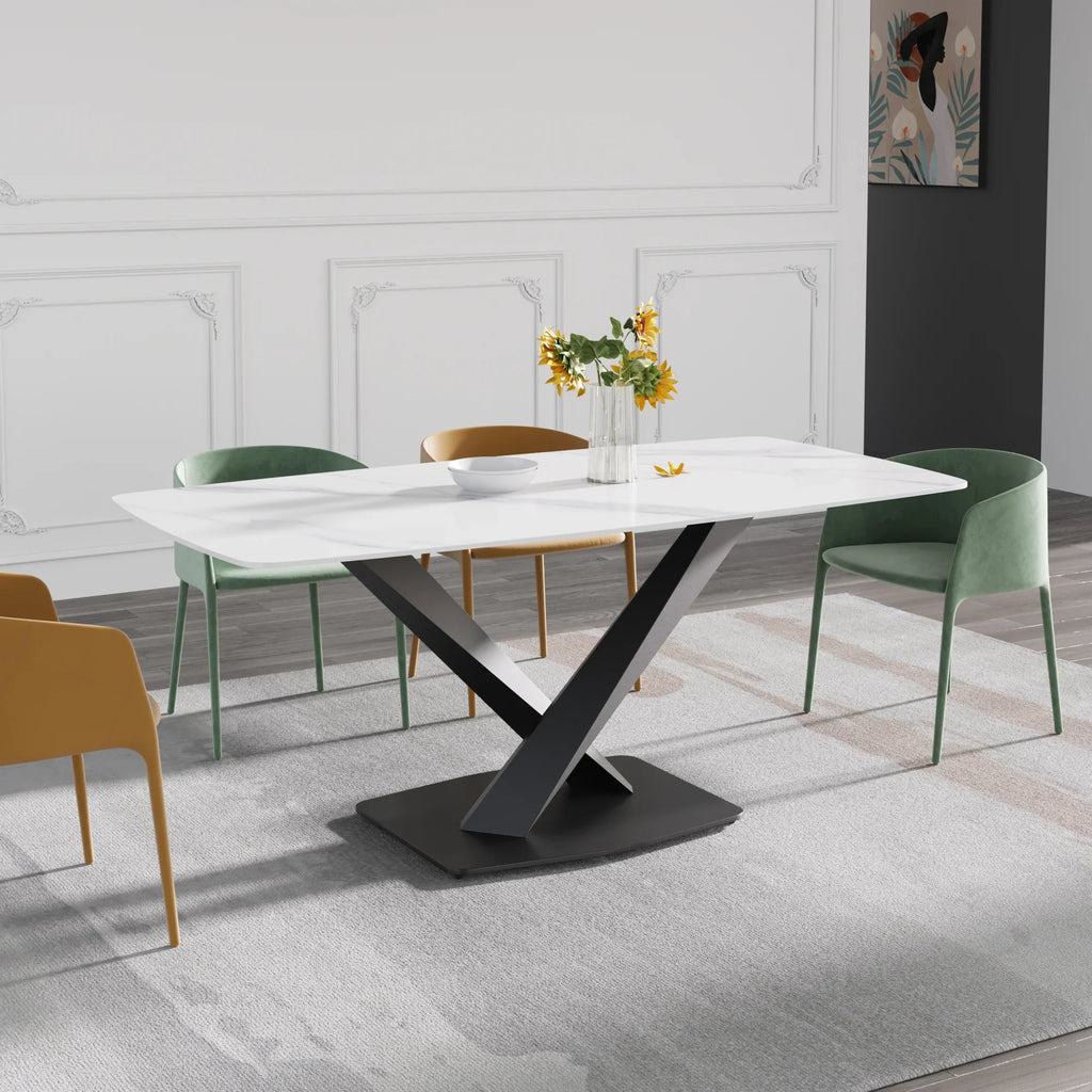 Marbella Sintered Stone Dining Table | 71" White Gloss Rectangular With Curved Edge