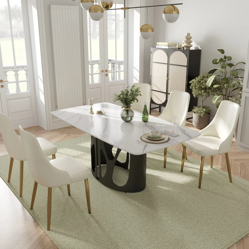 Marbella Sintered Stone Dining Table | 71" White Gloss Rectangular With Curved Edge