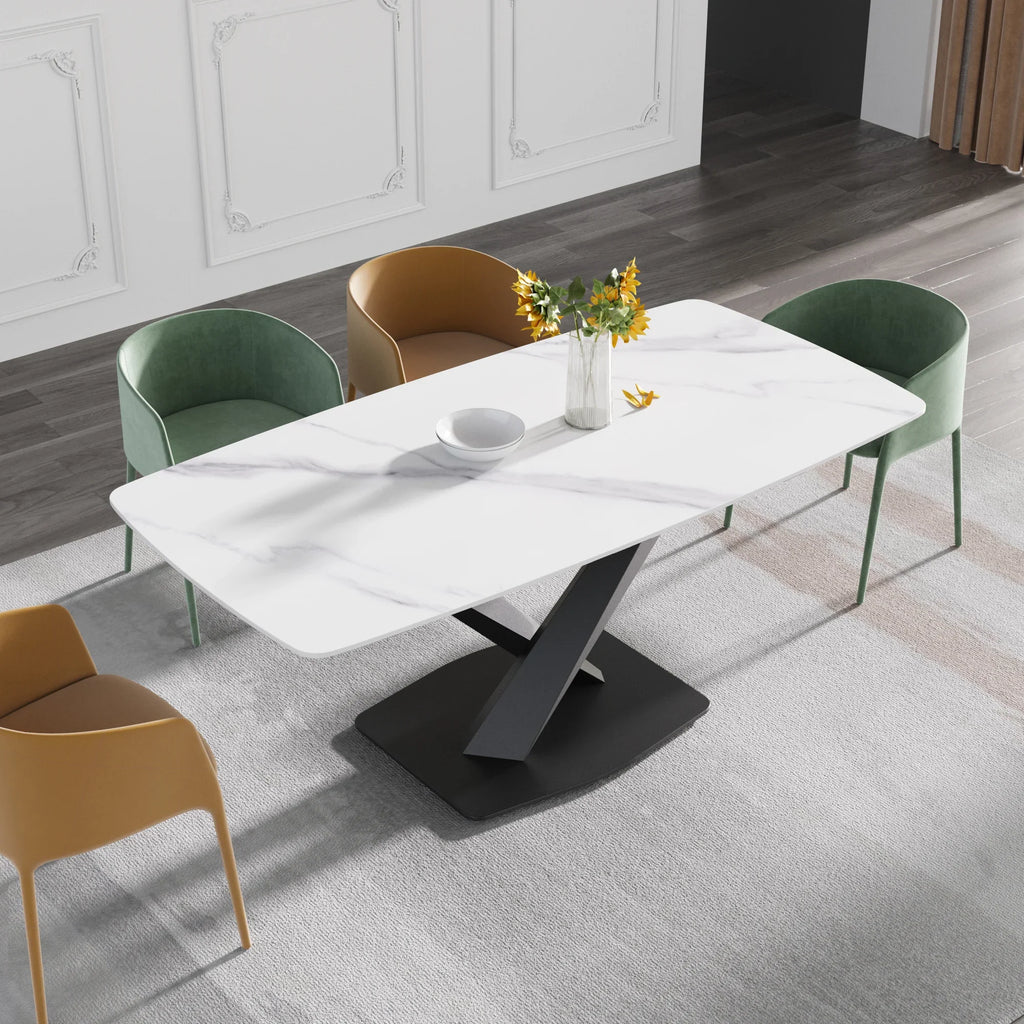 Marbella Sintered Stone Dining Table | 71" White Gloss Rectangular With Curved Edge