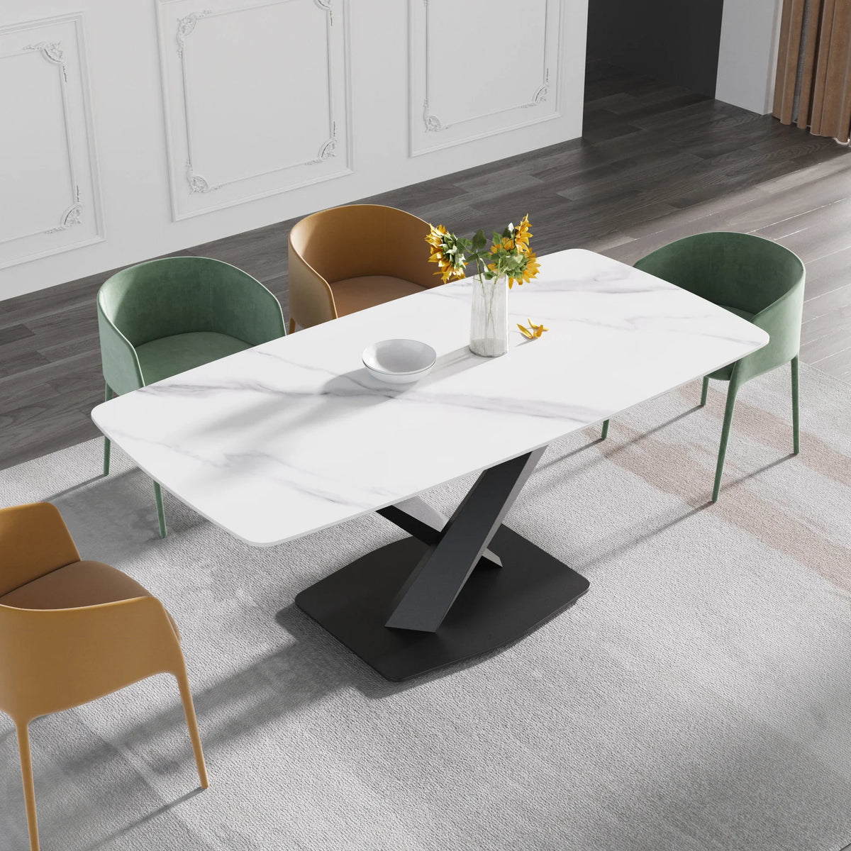Marbella Sintered Stone Dining Table | 71" White Gloss Rectangular With Curved Edge