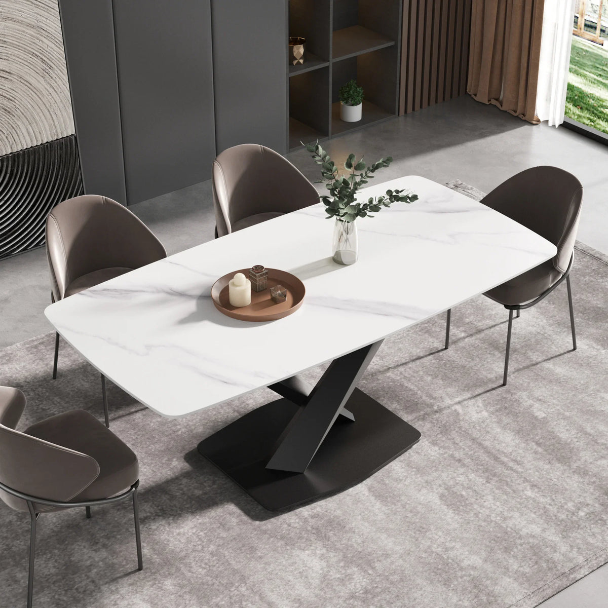 Marbella Sintered Stone Dining Table | 71" White Gloss Rectangular With Curved Edge
