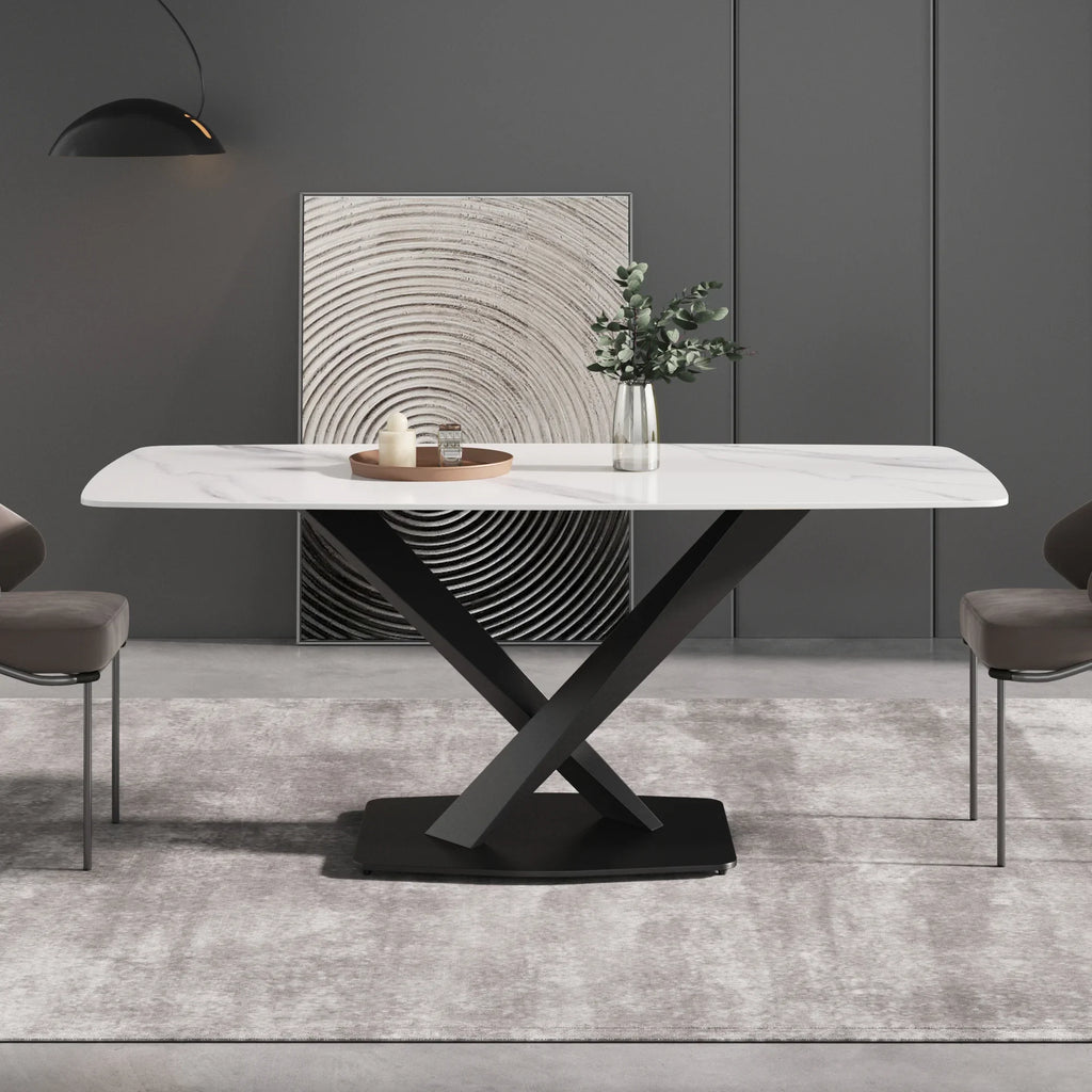 Marbella Sintered Stone Dining Table | 71" White Gloss Rectangular With Curved Edge