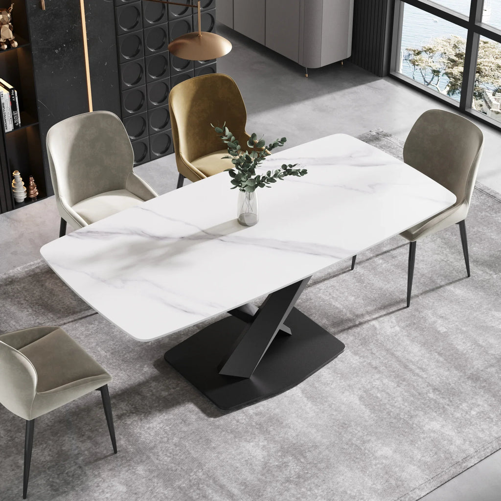 Marbella Sintered Stone Dining Table | 71" White Gloss Rectangular With Curved Edge