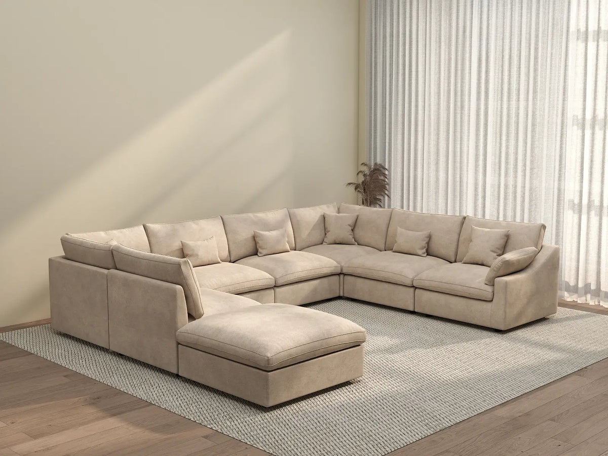 Deluxe Cloud 7-Seater Khaki Open Space Pit Sectional | 8-Piece (Includes 1 Ottoman), Chenille And Linen Fabric, Easy To Clean