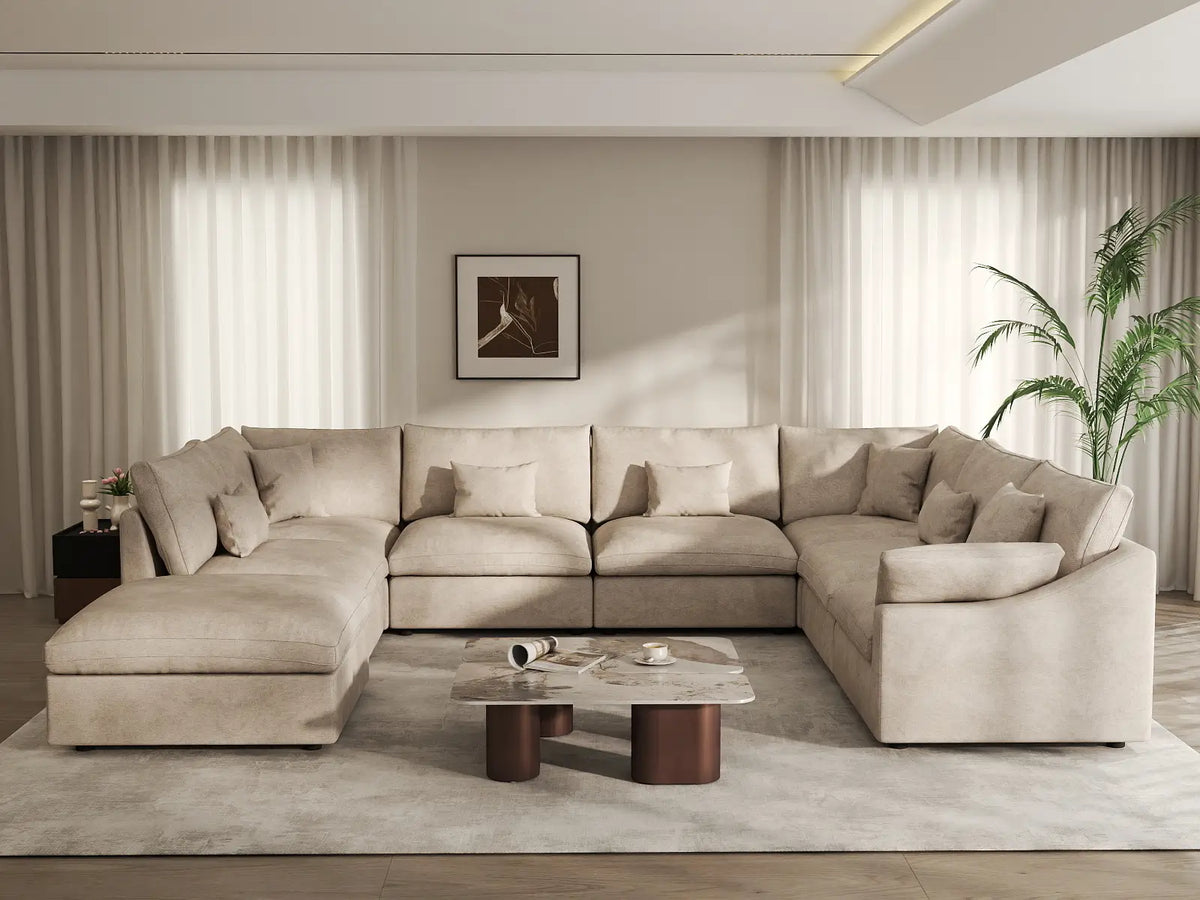 Deluxe Cloud 7-Seater Khaki Open Space Pit Sectional | 8-Piece (Includes 1 Ottoman), Chenille And Linen Fabric, Easy To Clean