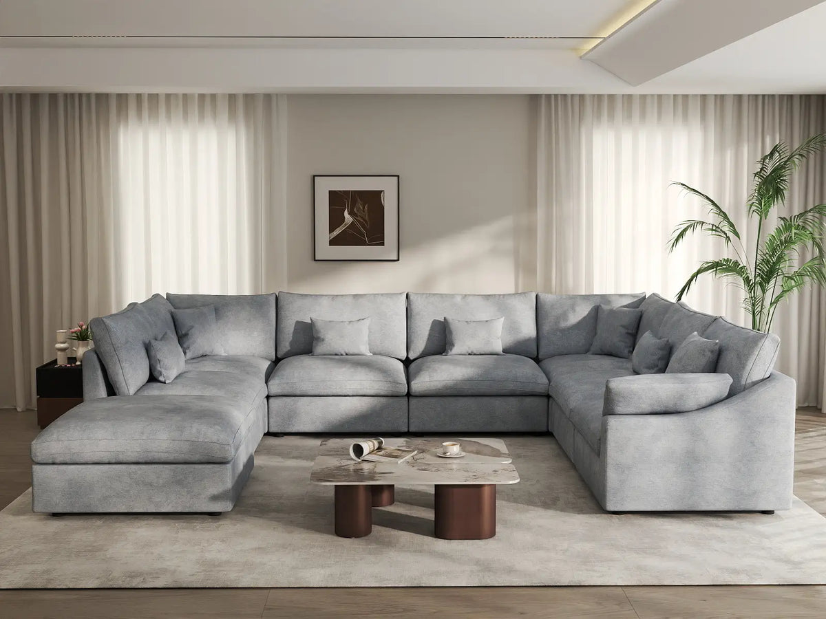 Deluxe Cloud 7-Seater Light Grey Open Space Pit Sectional | 8-Piece (Includes 1 Ottoman), Chenille And Linen Fabric, Easy To Clean