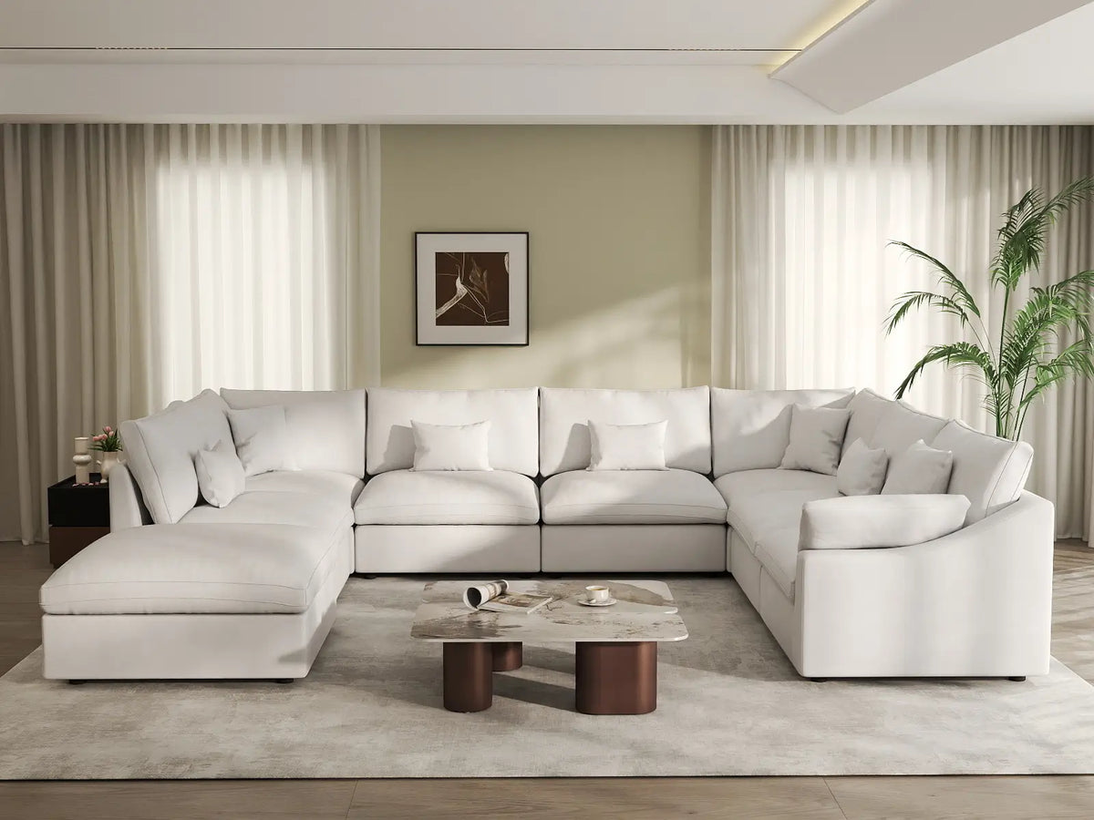 Deluxe Cloud 7-Seater White Pit Sectional | 8-Piece (Includes 1 Ottoman), Chenille And Linen Fabric, Washable Cushion Covers