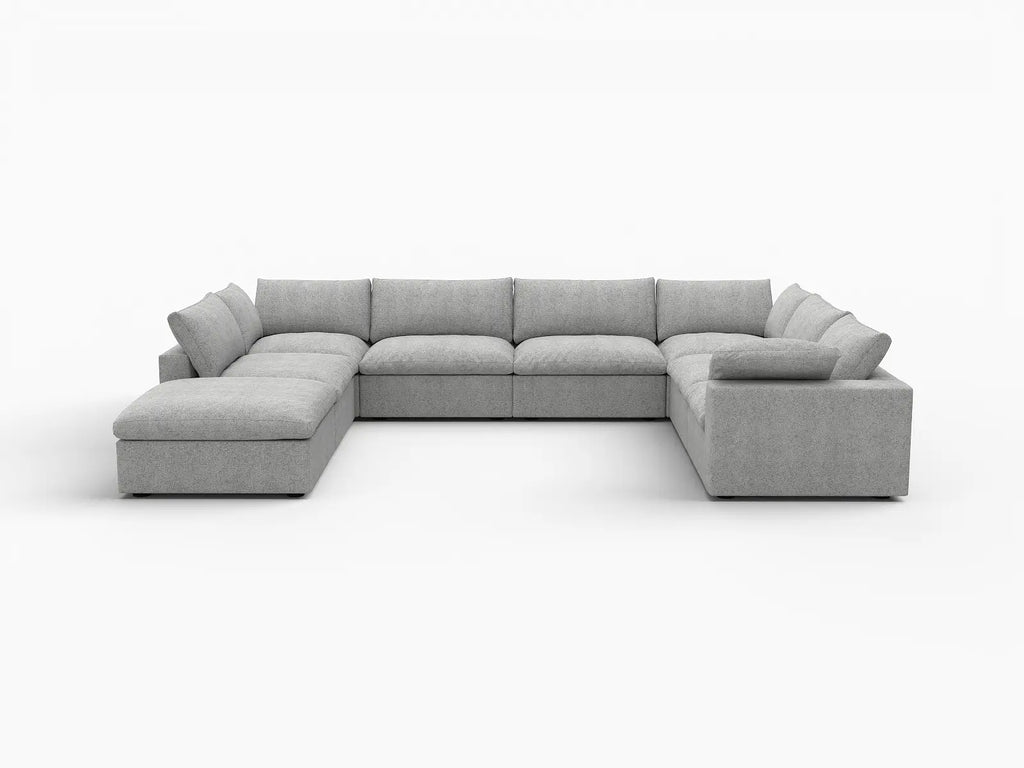 Deluxe Cloud 7-Seater Light Grey Open Space U-Shaped Sectional | 8-Piece (Includes 1 Ottoman), Cotton And Linen Fabric, Easy To Clean