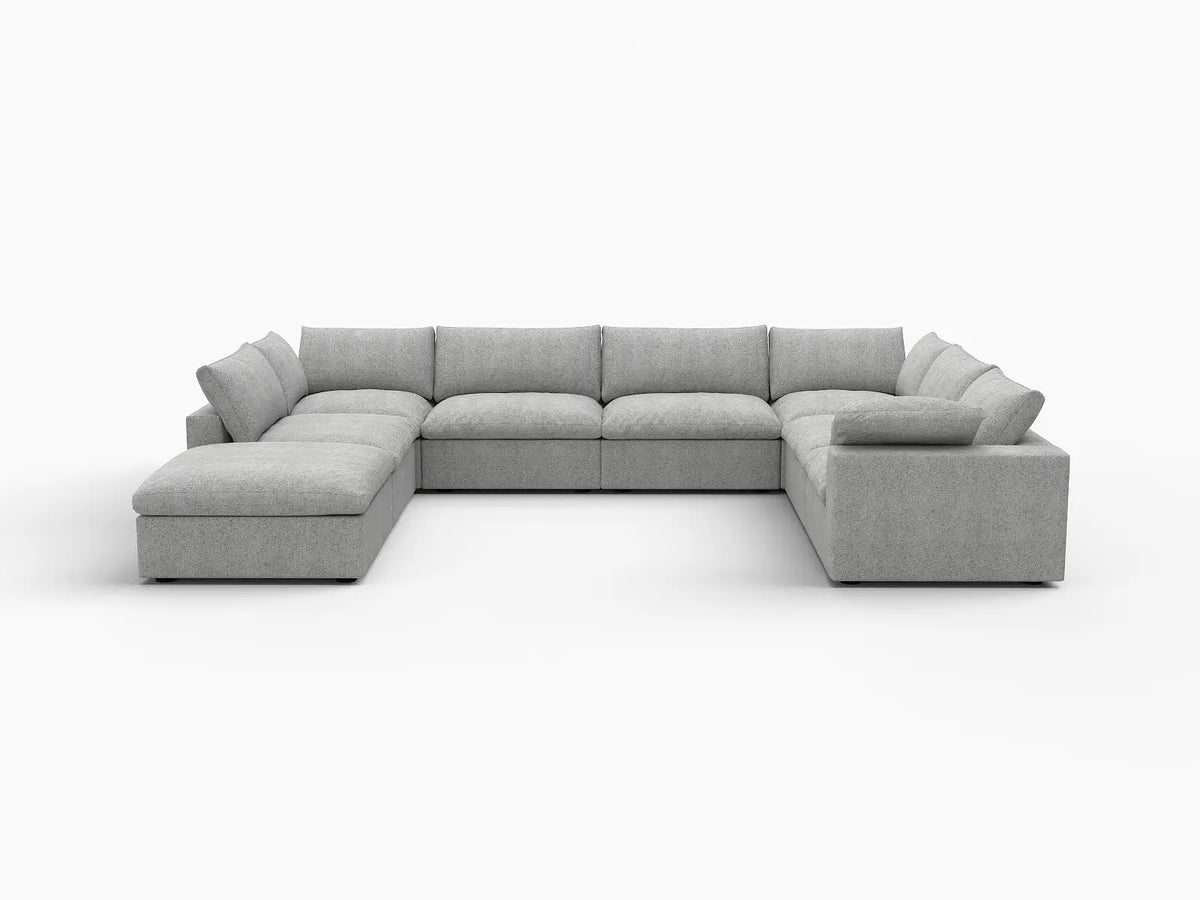 Deluxe Cloud 7-Seater Light Grey Open Space U-Shaped Sectional | 8-Piece (Includes 1 Ottoman), Cotton And Linen Fabric, Easy To Clean