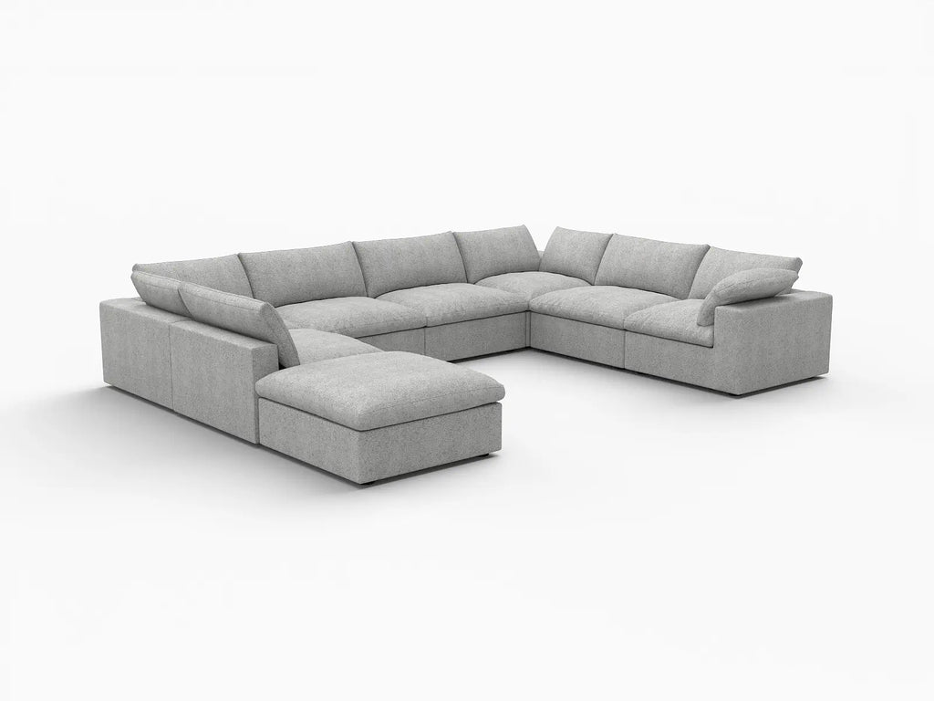 Deluxe Cloud 7-Seater Light Grey Open Space U-Shaped Sectional | 8-Piece (Includes 1 Ottoman), Cotton And Linen Fabric, Easy To Clean