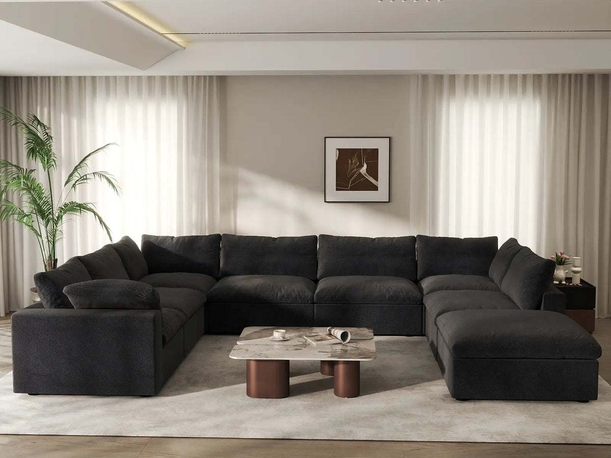 Deluxe Cloud 7-Seater Black Open Space U-Shaped Sectional | 8-Piece (Includes 1 Ottoman), Cotton And Linen Fabric, Easy To Clean