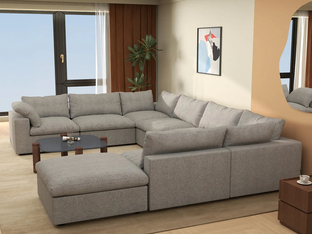 Deluxe Cloud 7-Seater Light Grey Open Space U-Shaped Sectional | 8-Piece (Includes 1 Ottoman), Cotton And Linen Fabric, Easy To Clean