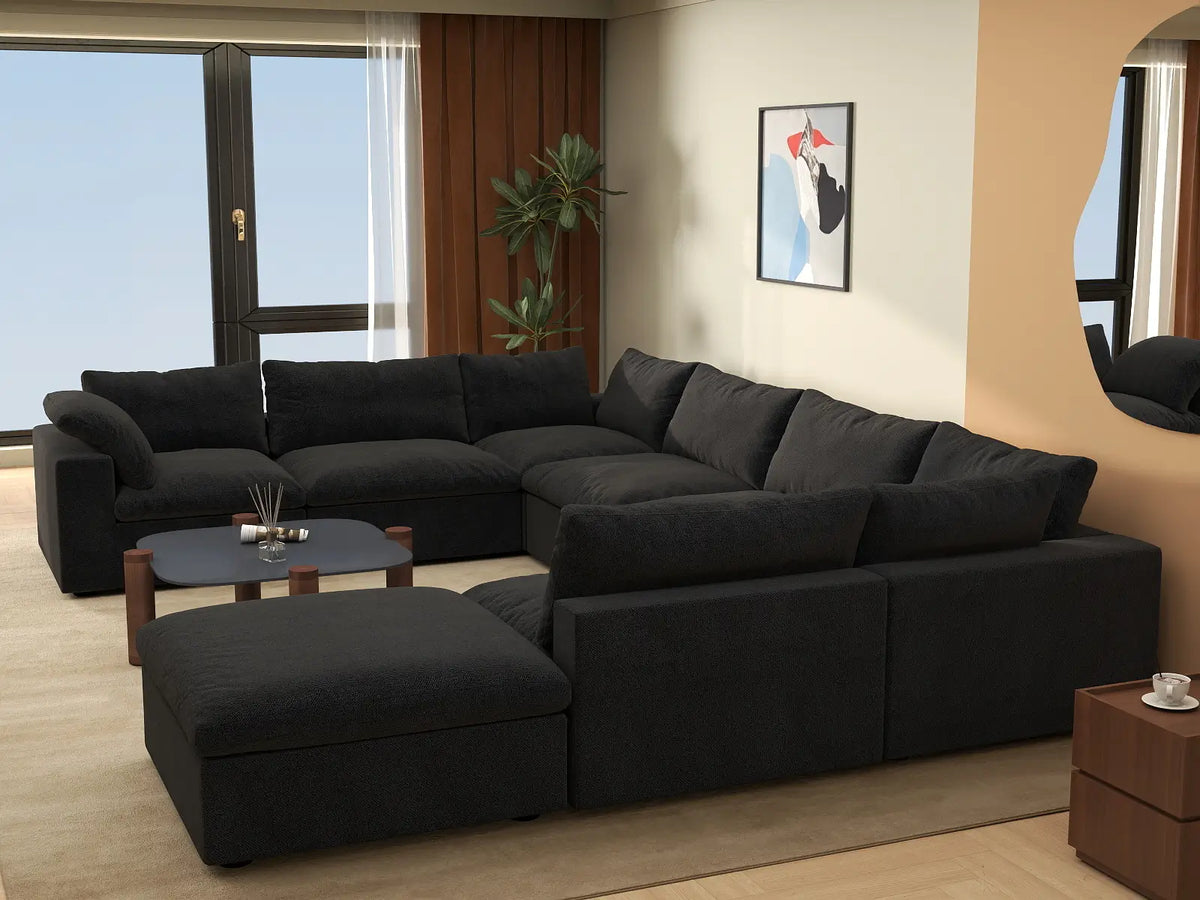 Deluxe Cloud 7-Seater Black Open Space U-Shaped Sectional | 8-Piece (Includes 1 Ottoman), Cotton And Linen Fabric, Easy To Clean
