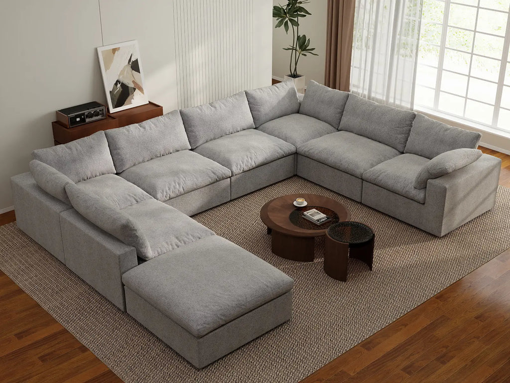 Deluxe Cloud 7-Seater Light Grey Open Space U-Shaped Sectional | 8-Piece (Includes 1 Ottoman), Cotton And Linen Fabric, Easy To Clean