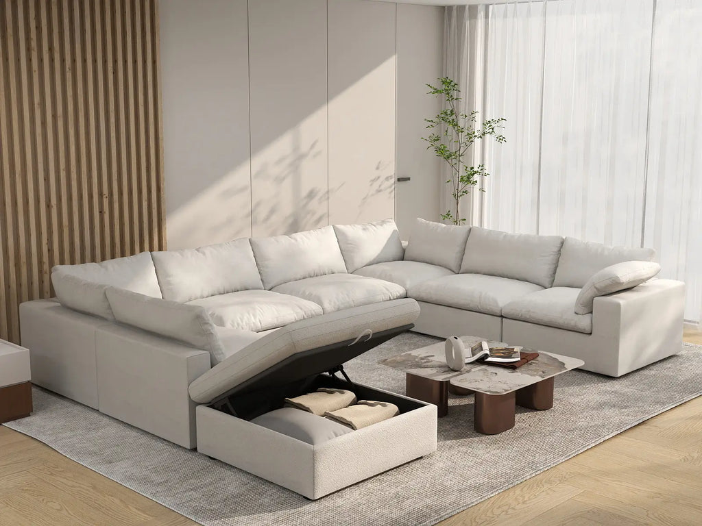 Deluxe Cloud 7-Seater White U-Shaped Sectional | 8-Piece (Includes 1 Ottoman), Cotton And Linen Fabric, Washable Cushion Covers
