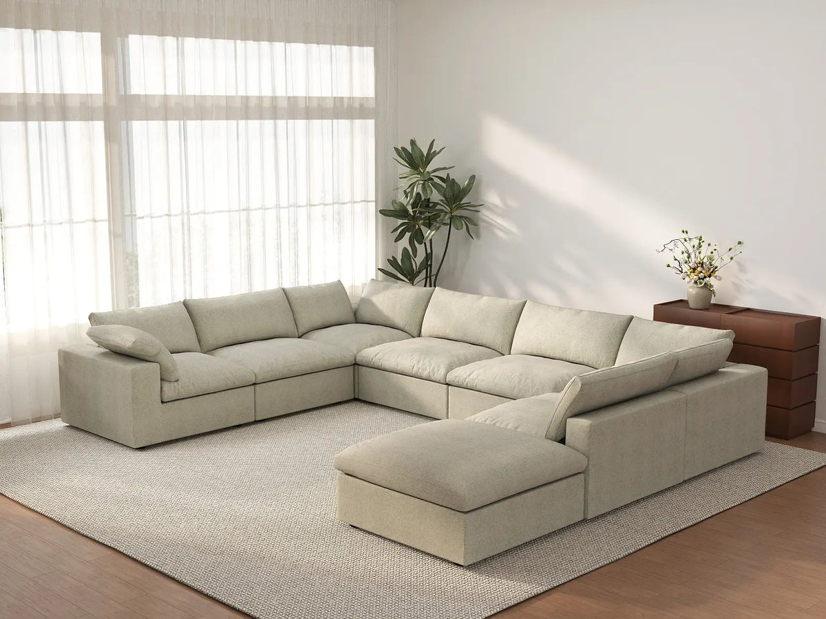 Deluxe Cloud 7-Seater Khaki U-Shaped Sectional | 8-Piece (Includes 1 Ottoman), Cotton And Linen Fabric, Washable Cushion Covers