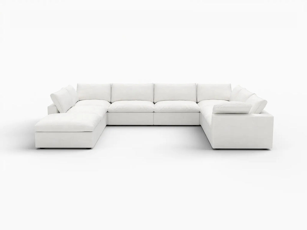 Deluxe Cloud 7-Seater White U-Shaped Sectional | 8-Piece (Includes 1 Ottoman), Cotton And Linen Fabric, Washable Cushion Covers