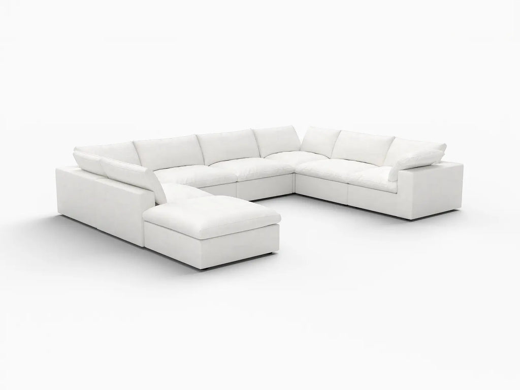 Deluxe Cloud 7-Seater White U-Shaped Sectional | 8-Piece (Includes 1 Ottoman), Cotton And Linen Fabric, Washable Cushion Covers