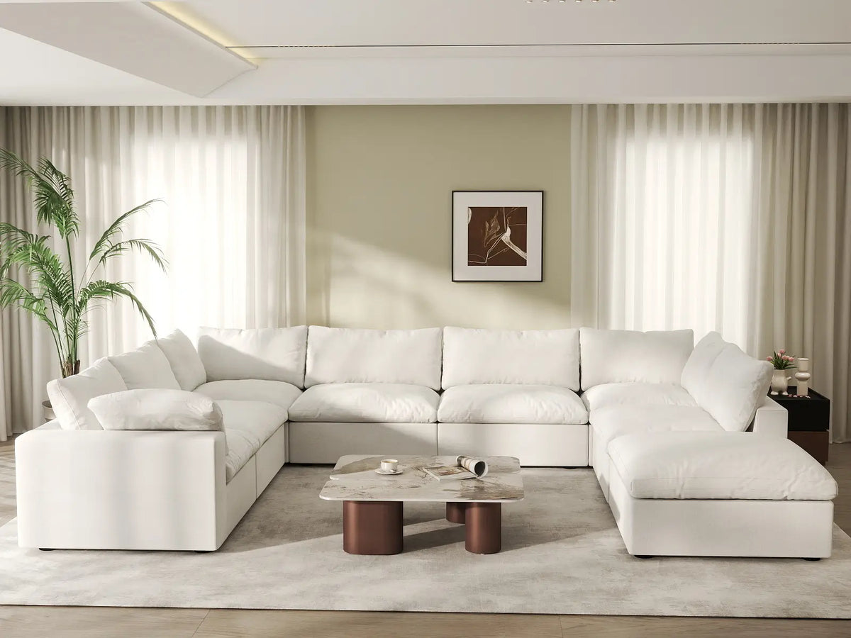 Deluxe Cloud 7-Seater White U-Shaped Sectional | 8-Piece (Includes 1 Ottoman), Cotton And Linen Fabric, Washable Cushion Covers