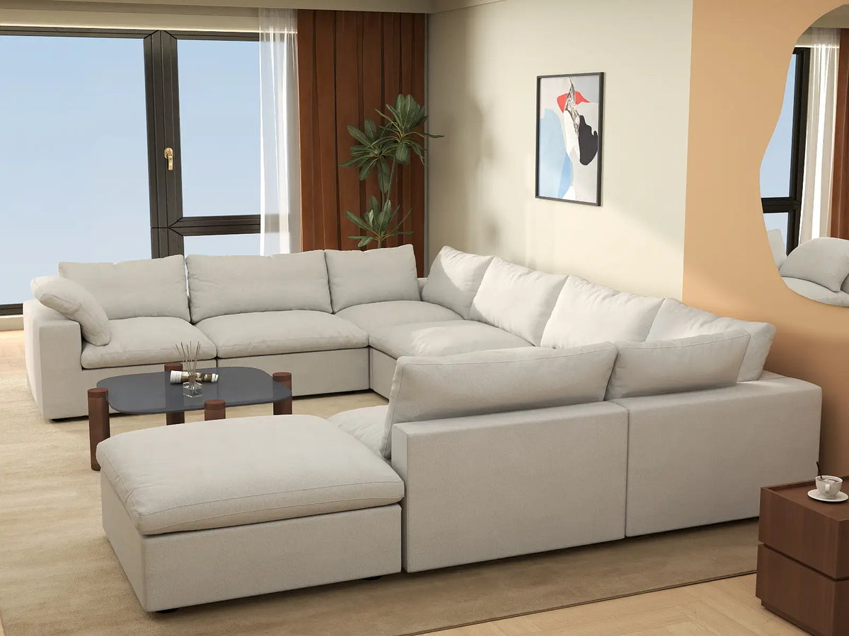 Deluxe Cloud 7-Seater White U-Shaped Sectional | 8-Piece (Includes 1 Ottoman), Cotton And Linen Fabric, Washable Cushion Covers