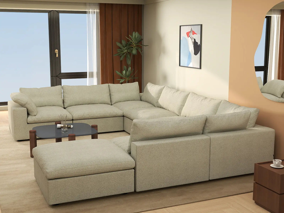 Deluxe Cloud 7-Seater Khaki U-Shaped Sectional | 8-Piece (Includes 1 Ottoman), Cotton And Linen Fabric, Washable Cushion Covers
