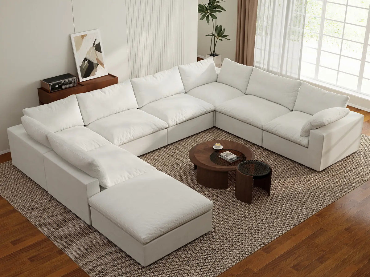 Deluxe Cloud 7-Seater White U-Shaped Sectional | 8-Piece (Includes 1 Ottoman), Cotton And Linen Fabric, Washable Cushion Covers