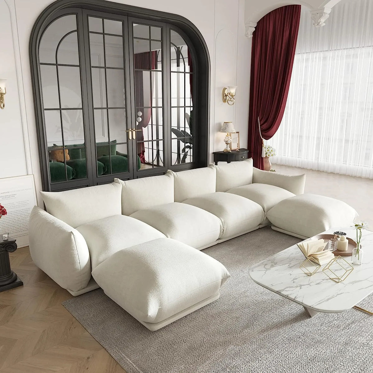 Matrix Beige 4-Seater U-Shaped Sectional | 6-Piece (Includes 2 Ottomans), Chenille Fabric, Fixed Upholstery