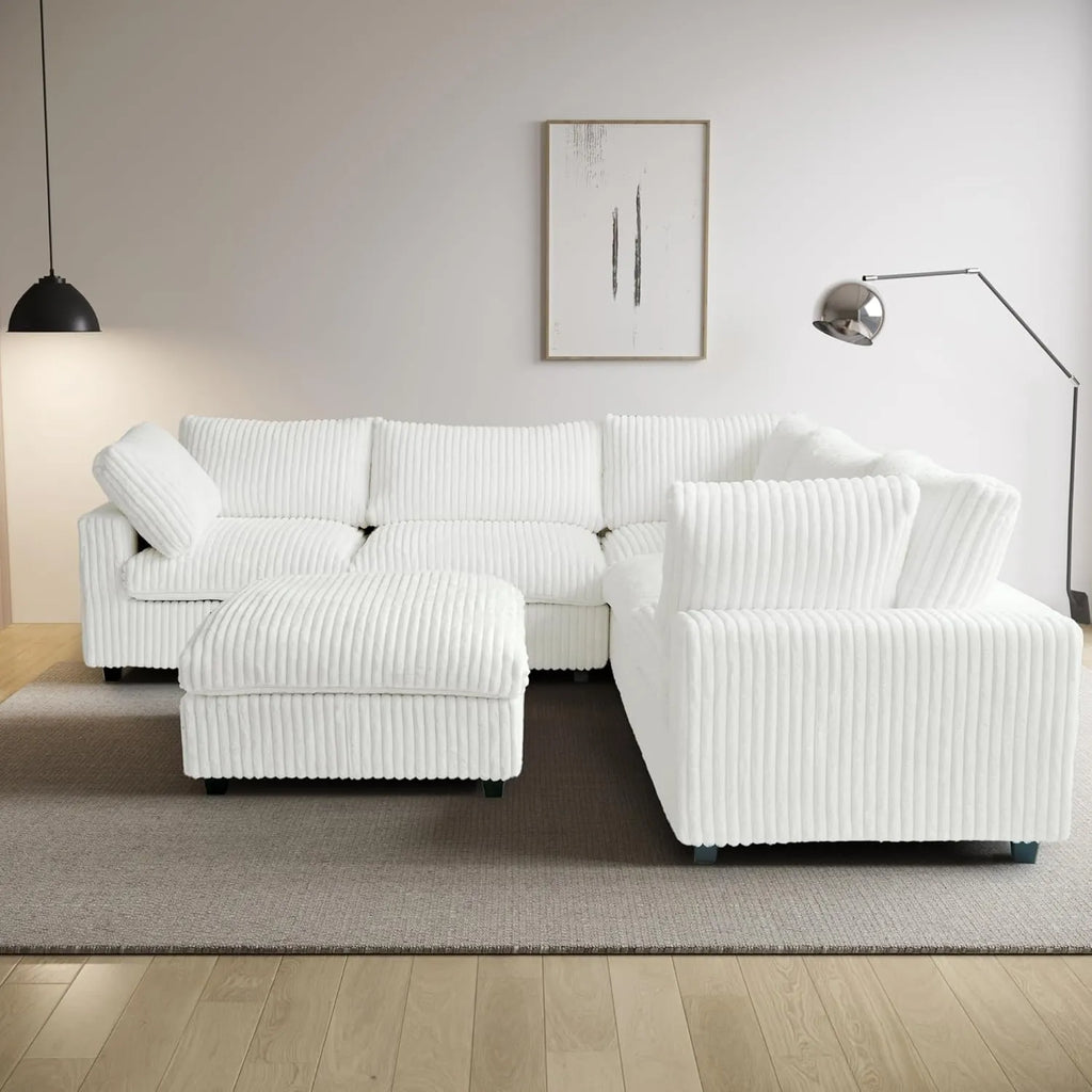 Deluxe Cloud Beige 5-Seater Sofa Sets | 6-Piece (includes 1 ottoman), Plush Fabric, Removable & Washable Covers