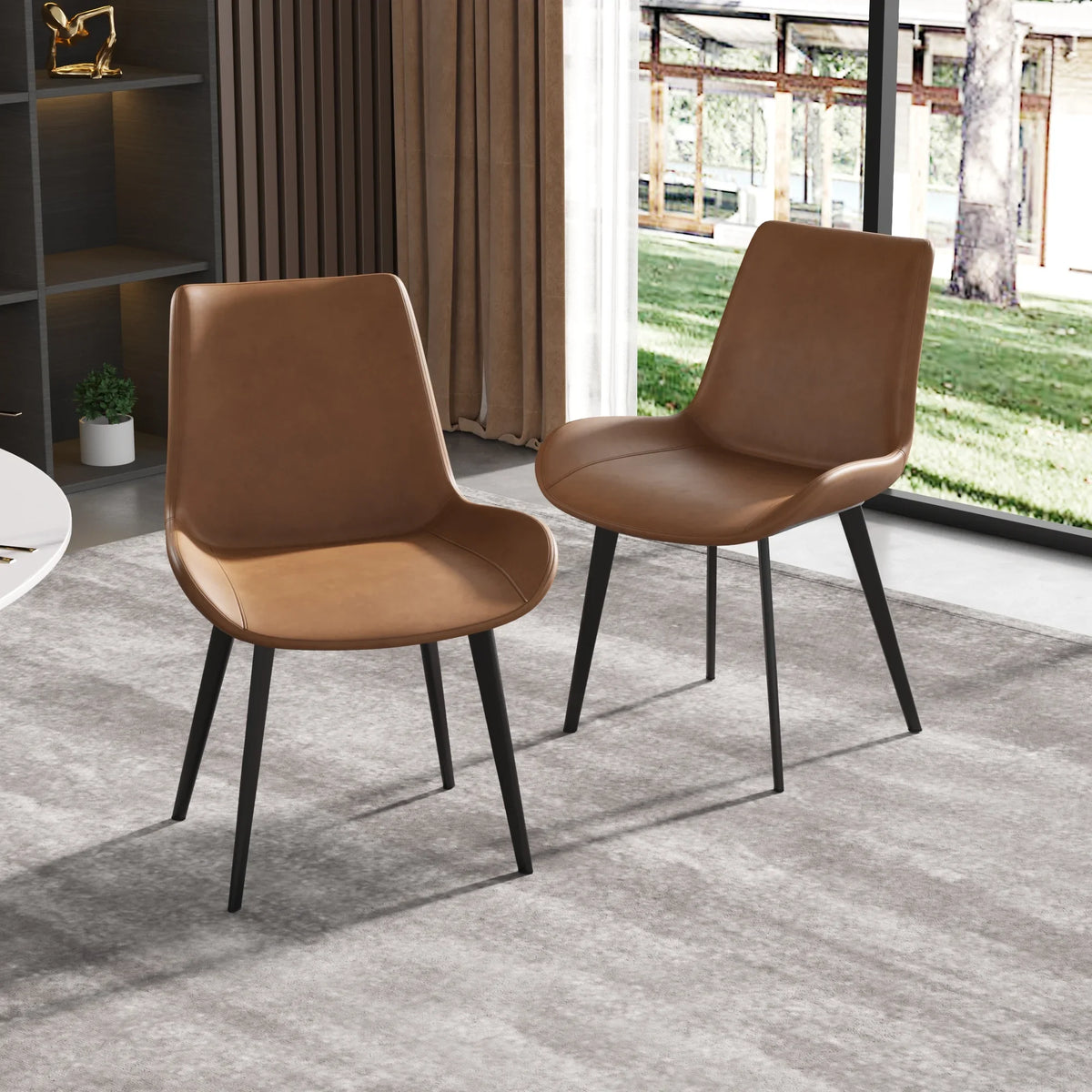 Vegan Full Back Dining Chair | Brown PU Leather Set of 2