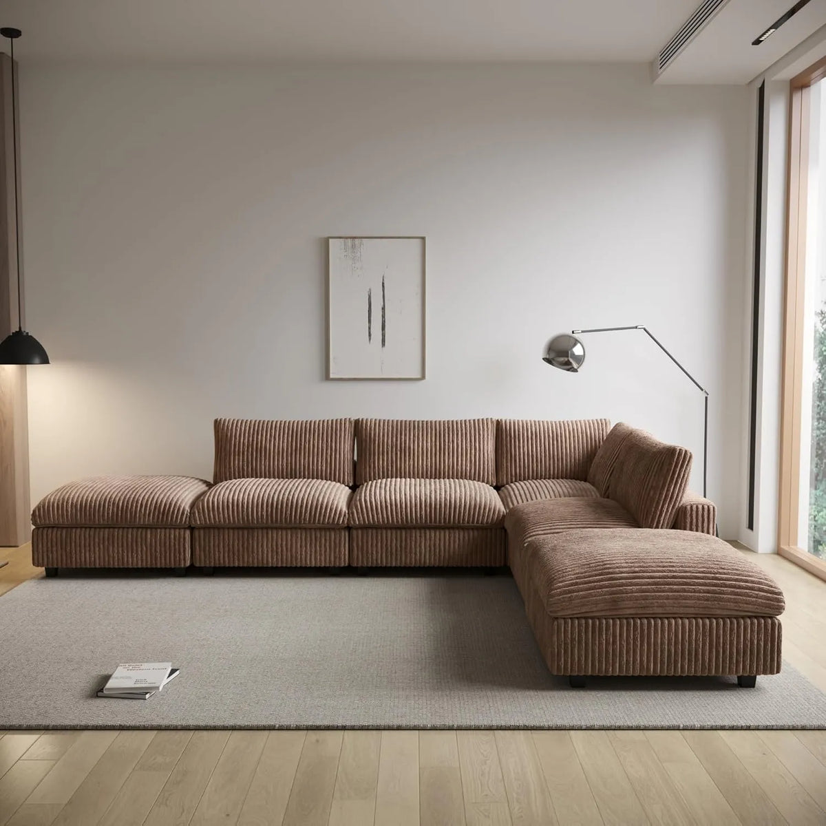 Deluxe Cloud Brown 4-Seater L-Shaped Sectionals | 6-Piece (includes 2 ottomans), Plush Fabric, Removable & Washable Covers