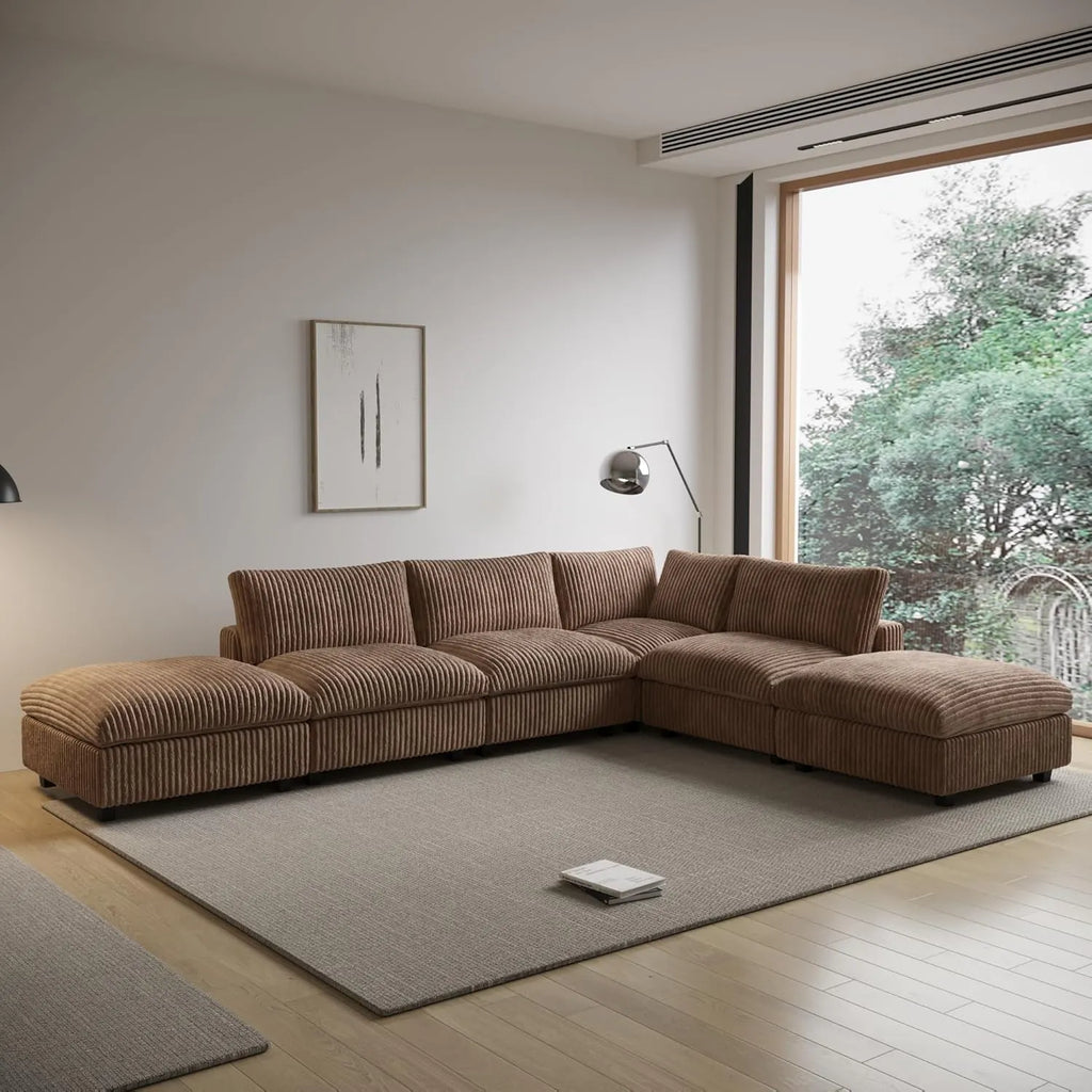 Deluxe Cloud Brown 4-Seater L-Shaped Sectionals | 6-Piece (includes 2 ottomans), Plush Fabric, Removable & Washable Covers