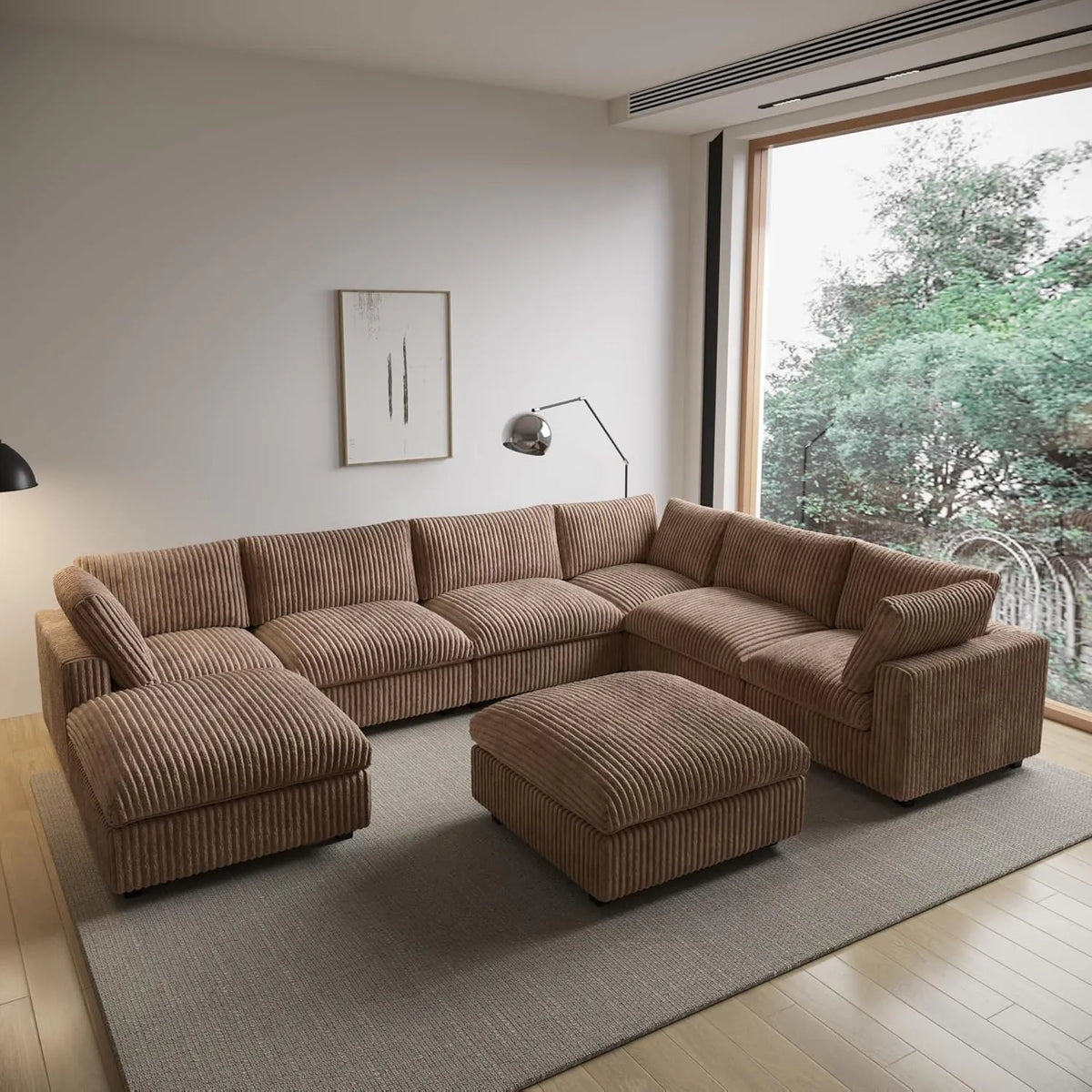 Deluxe Cloud Brown 6-Seater Sofa Sets | 8-Piece (includes 2 ottomans), Plush Fabric, Removable & Washable Covers