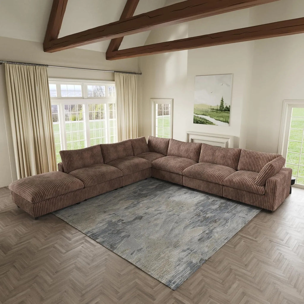 Deluxe Cloud Brown 6-Seater V-Shaped Sectionals | 7-Piece (includes 1 ottoman), Plush Fabric, Removable & Washable Covers