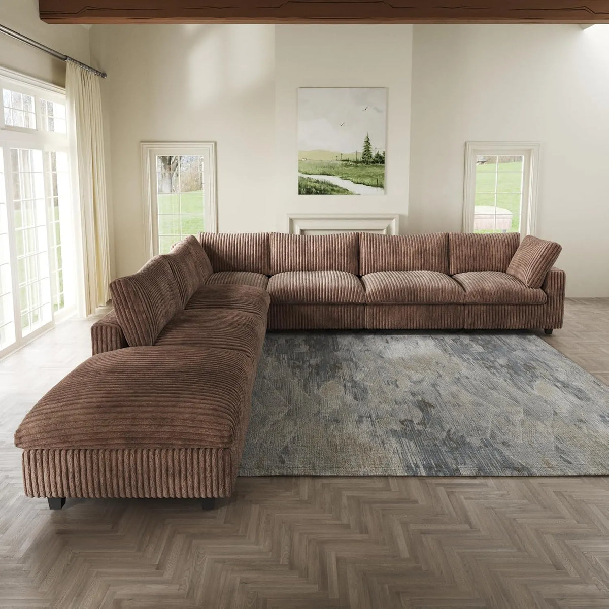 Deluxe Cloud Brown 6-Seater V-Shaped Sectionals | 7-Piece (includes 1 ottoman), Plush Fabric, Removable & Washable Covers