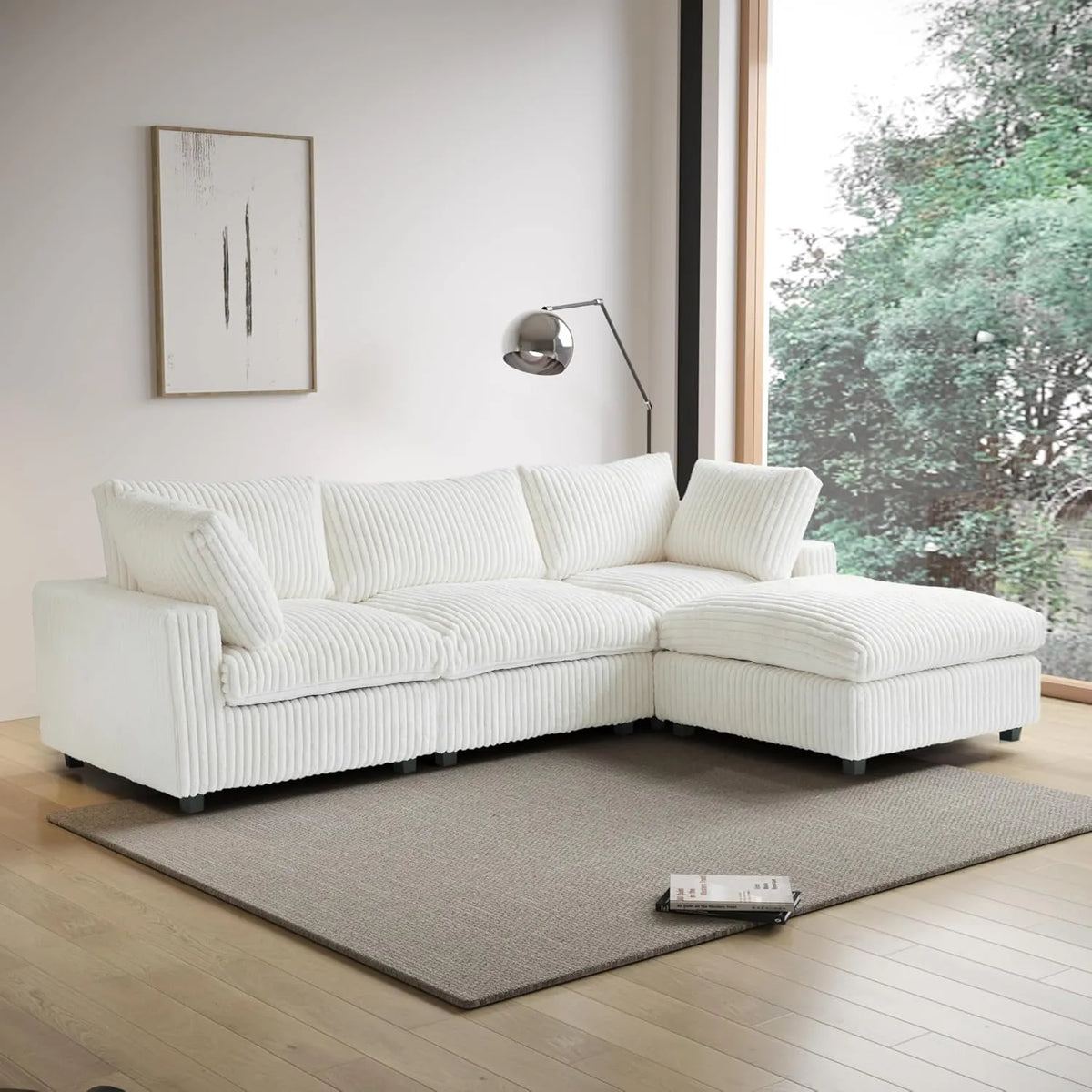 Deluxe Cloud Beige 3-Seater L-Shaped Sectionals | 4-Piece (includes 1 ottoman), Plush Fabric, Removable & Washable Covers