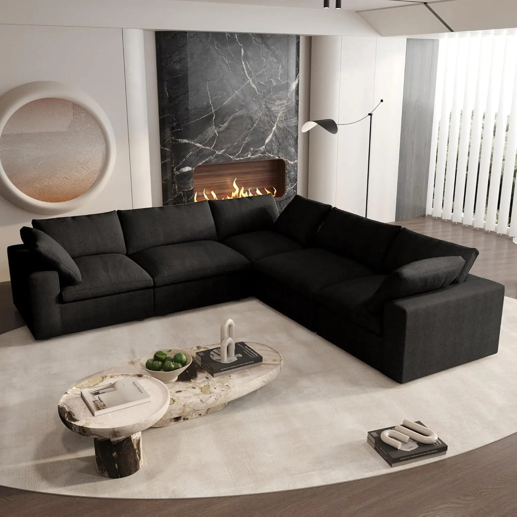 Deluxe Cloud 5-Seater Black Washable V-Shaped Sectional | 5-Piece, Cotton and Linen Fabric, Modular Design